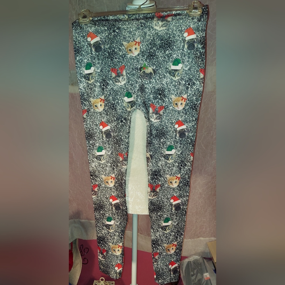 Cat Lover Christmas Holiday Pug/Kittens Stretch Long Johns Tights Leggings Small